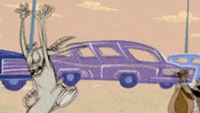 a cartoon character is jumping in the air in front of a purple car