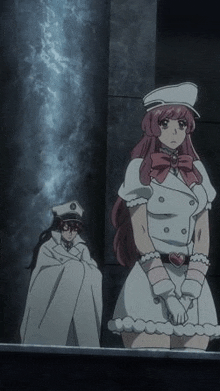 a couple of anime characters are standing next to each other in a dark room .