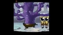 spongebob squarepants is standing next to a purple tree in a tub .