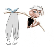 a drawing of a person holding a stick next to a pair of pants hanging from a tree branch .