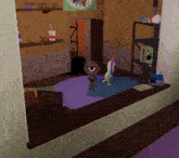 a cartoon drawing of a room with a sign that says hello