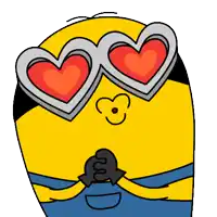 a cartoon of a minion wearing heart shaped glasses with hearts instead of eyes