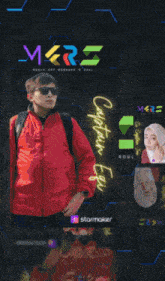 a man in a red jacket is standing in front of a wall that has the word mars on it