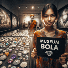 a woman holds a sign that says museum bola