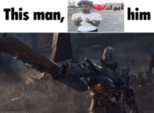 a picture of thanos holding a sword next to a picture of a man