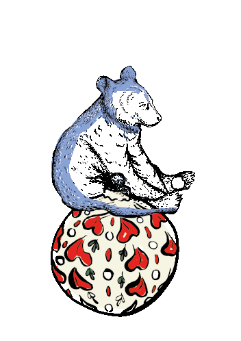 a drawing of a bear sitting on top of a sphere with hearts on it