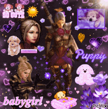 a girl in a knight 's armor is surrounded by purple hearts and the words babygirl and puppy