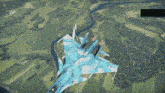 a blue and white fighter jet flying over a river