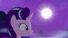 a purple pony is looking at the moon in a purple sky