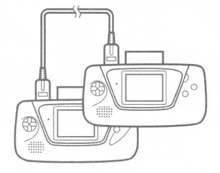 a black and white drawing of two game consoles connected to each other with cables .