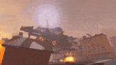 a cartoon drawing of a helicopter flying over a city with buildings on fire