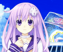 a girl with purple hair and a white cross on her hair