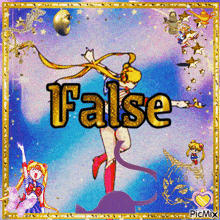 a picture of a girl with the word false in the middle