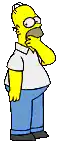 homer simpson is wearing a white shirt and blue pants and covering his mouth with his hand .