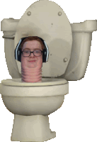 a man wearing headphones and glasses is sitting in a toilet