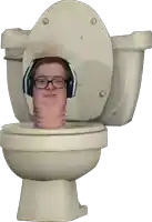 a man wearing headphones and glasses is sitting in a toilet