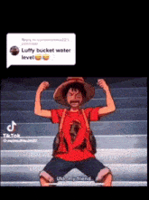 luffy from one piece is kneeling down on a set of stairs with his arms up .