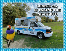 an ice cream truck that says mister 70s is taking the night off on it