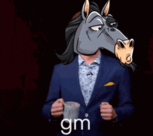 a man in a suit has a horse 's head on his head and the word gm below him