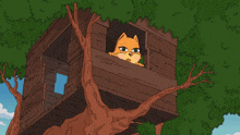 a cartoon drawing of a cat looking out of a tree house