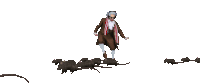 a man in a brown suit is surrounded by a bunch of rats