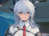 a girl with long white hair and horns is wearing a white shirt and a red tie