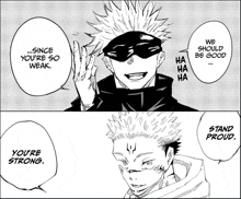 a black and white drawing of two men talking to each other in a manga .