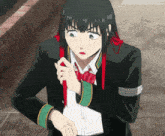 a girl with long black hair and a red bow tie has a surprised look on her face