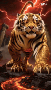 a painting of a tiger with a red lightning background