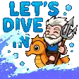 a pixel art of a man riding a seahorse with the words let 's dive in behind him .