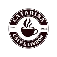 a logo for catarina cafe and livros with a cup of coffee in the center
