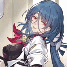 a close up of a girl with long blue hair and red eyes
