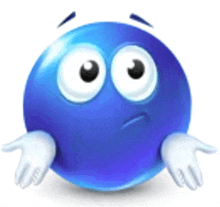 a blue smiley face with big eyes and white hands is shrugging his shoulders