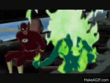 a cartoon of the flash sitting next to a green figure
