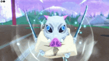 a cartoon pig with blue eyes and a pink nose is holding two swords