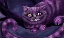 a purple cat with yellow eyes is smiling and looking at the camera