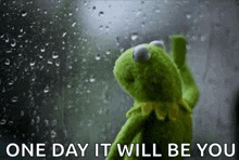 kermit the frog is standing in front of a window with rain drops on it and says one day it will be you .