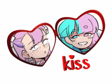 a couple of hearts with the word kiss in red