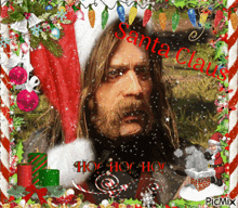a picture of a man in a santa hat with the words santa claus ho ho ho on it
