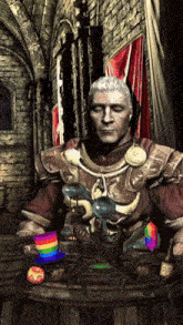 a man in armor sits at a table with a rainbow hat on it