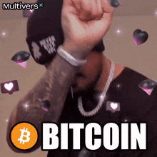 a man with a fist in the air is surrounded by hearts and says bitcoin