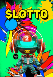 a cartoon character wearing headphones and a red ball with the number 2 on it