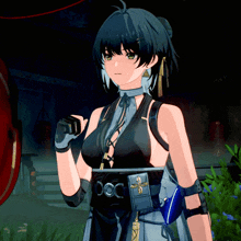 a girl in a black dress has a belt that says doc
