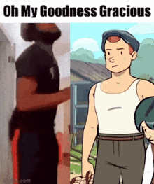 a cartoon of a man standing next to a cartoon of a man standing next to a woman