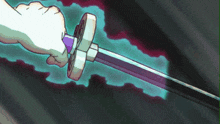 a person is holding a sword with a purple handle in their hand