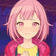 a close up of a pink haired anime girl with a yellow shirt and a pink jacket .