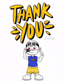 a cartoon character is standing in front of a yellow sign that says thank you