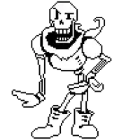 papyrus from undertale is holding a knife in his hand in a pixel art style .