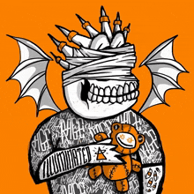 a drawing of a skull with wings holding a teddy bear with the word illuminated on it