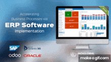 an advertisement for erp software implementation with a computer